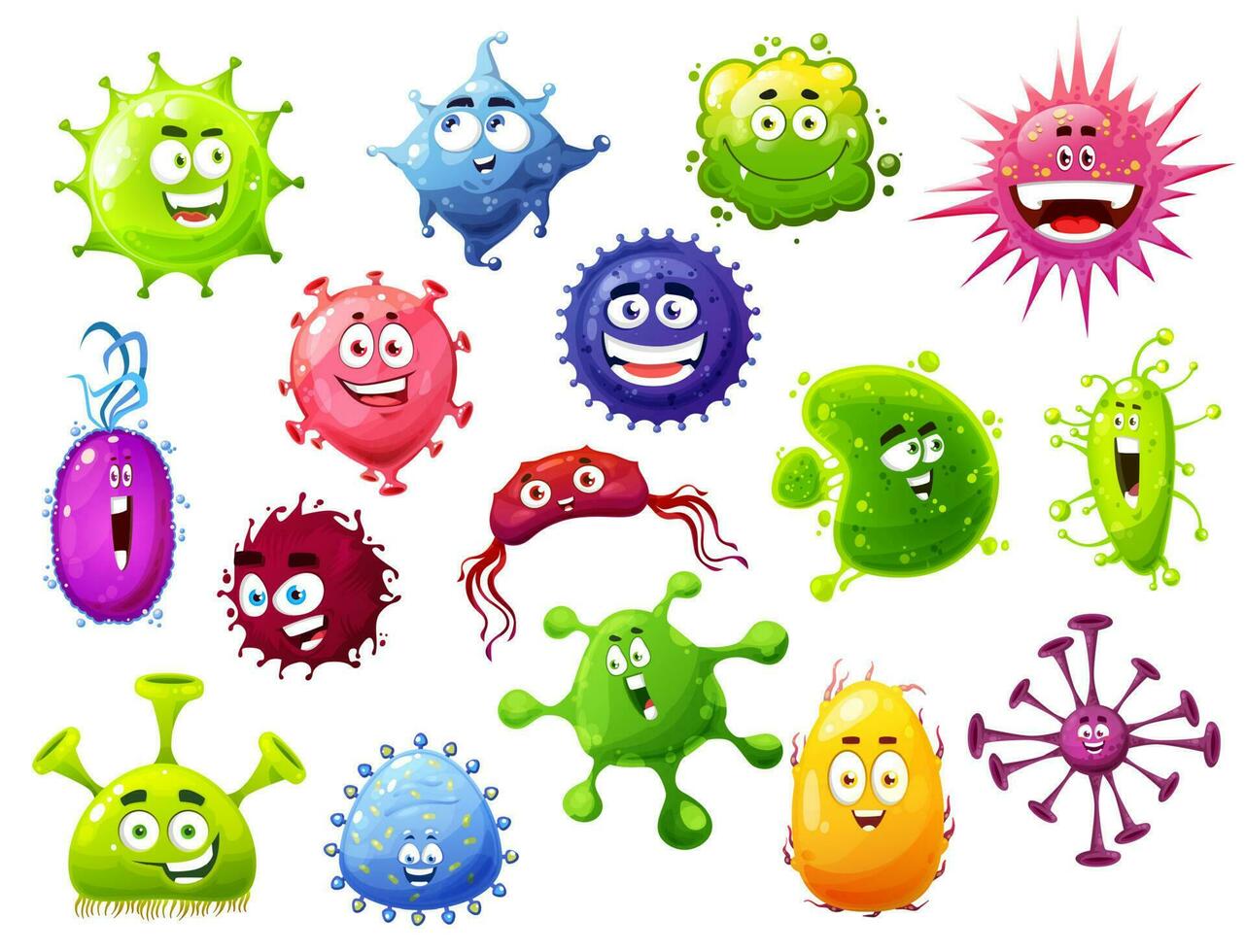 tecknad serie virus, vektor söt bakterie och bakterier