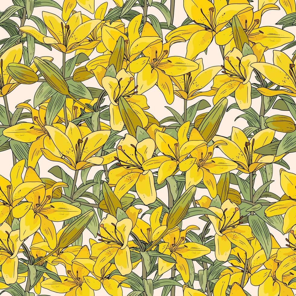 mönster med gul lilja. tropisk blommig skriva ut med blommor, knoppar och löv på beige bakgrund vektor