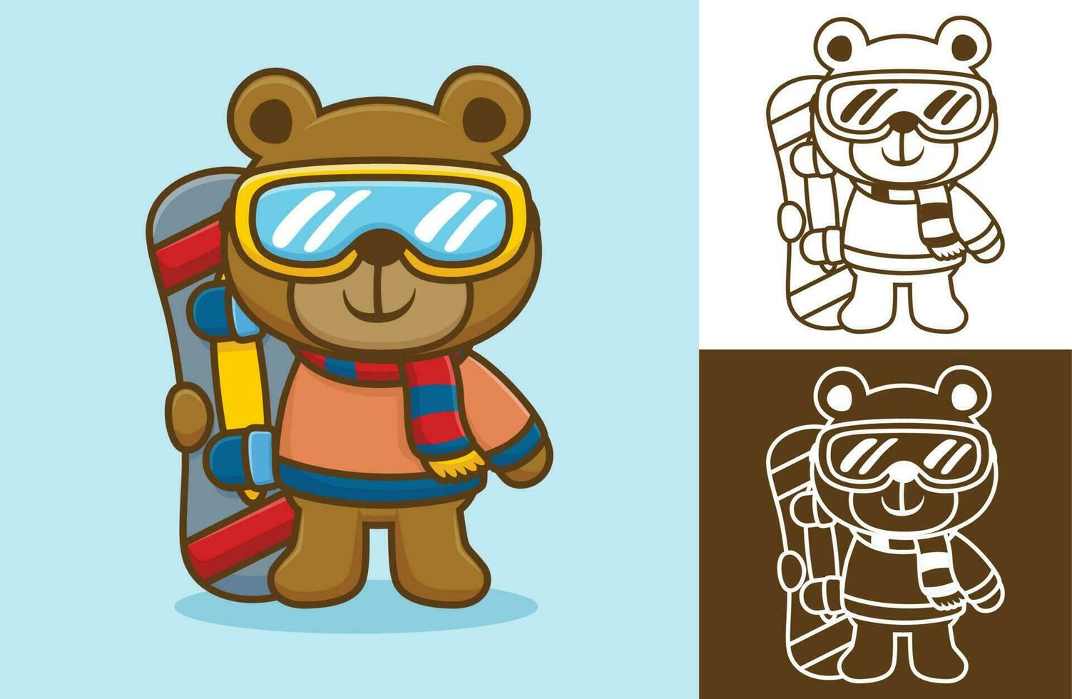 Bär im Winter Kleider und Ski Brille mit Snowboard. Vektor Karikatur Illustration im eben Symbol Stil