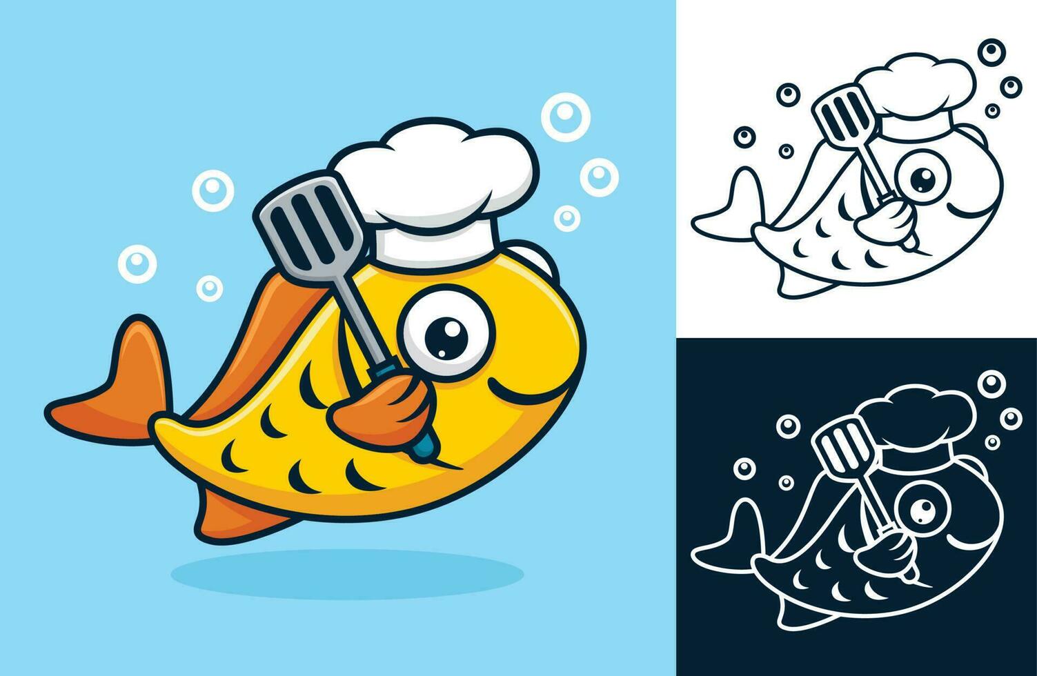komisch Fisch tragen Koch Hut halten Spatel. Vektor Karikatur Illustration im eben Symbol Stil