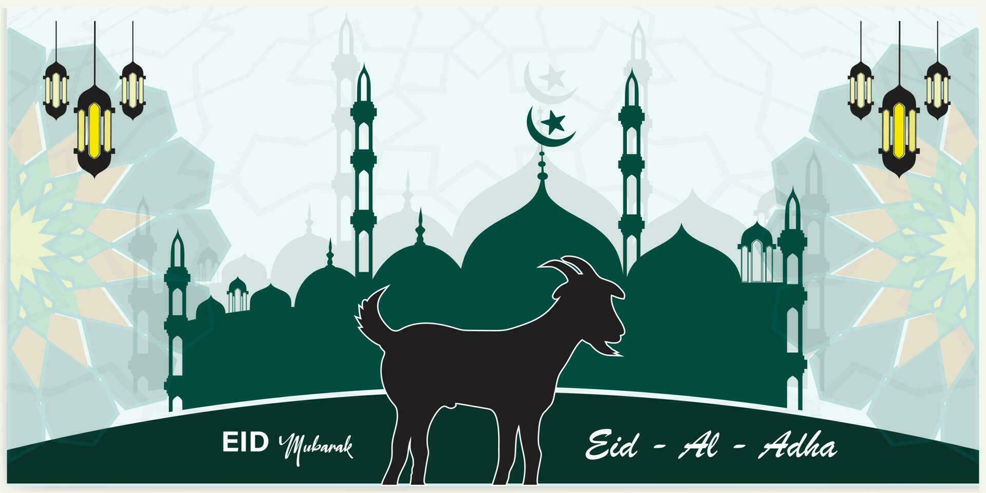 Illustration Vektor Grafik von ein Moschee und Ziege im Silhouette mit ein glühend Laterne zum eid al adha Mubarak. gut zum Hintergrund, Banner, Karte, und Poster Flyer Vorlagen.