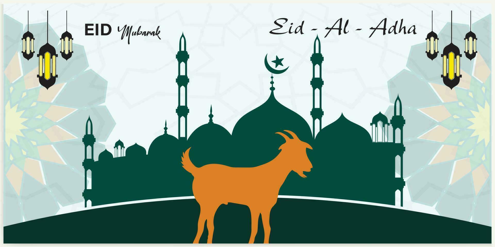 Illustration Vektor Grafik von ein Moschee und Ziege im Silhouette mit ein glühend Laterne zum eid al adha Mubarak. gut zum Hintergrund, Banner, Karte, und Poster Flyer Vorlagen.