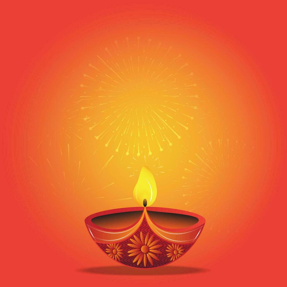 Lycklig diwali, diya olja lampa med crackers på röd bakgrund illustration. festival av lampor. vektor
