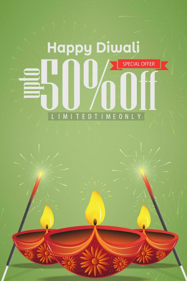 Diwali Verkauf mit Öl Lampe und Cracker. glücklich Diwali Verkauf Poster Design Vorlage Vektor Illustration.