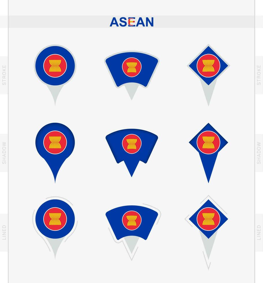 asean flagga, uppsättning av plats stift ikoner av asean flagga. vektor