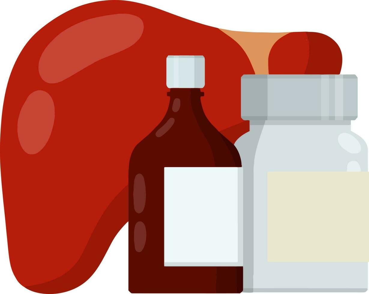 Leber und Verpackung von Medikamente. Behandlung von intern Organ von Person. Flasche mit Tabletten und Arzneimittel. Gesundheit und Apotheke. Karikatur eben Illustration. Verhütung von Zirrhose und Hepatitis vektor