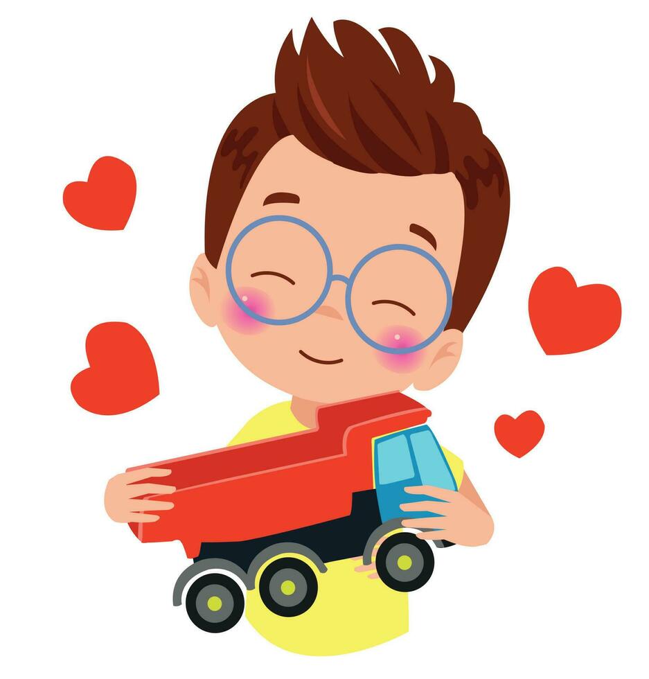 ein Junge mit Brille halten ein Spielzeug LKW mit Herzen auf seine Truhe vektor