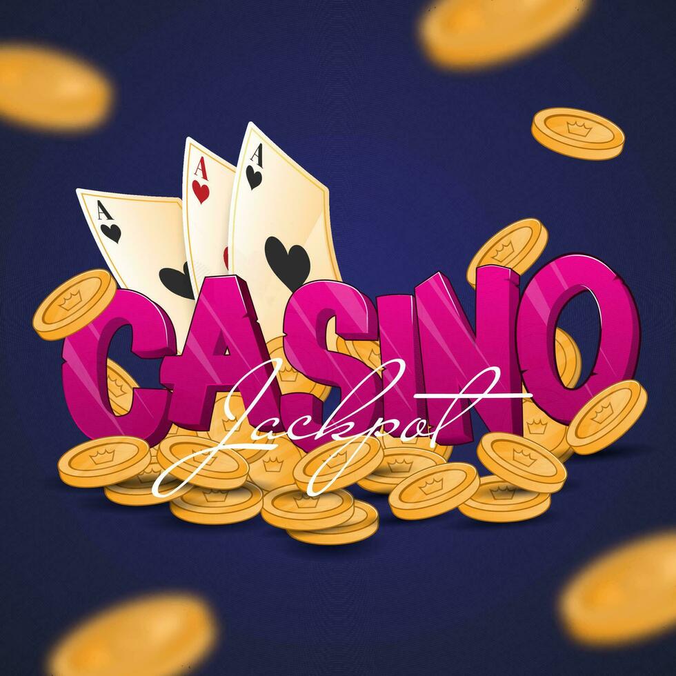 Kasino Jackpot Schriftart mit As Karten und golden Münzen dekoriert auf Blau Hintergrund. vektor