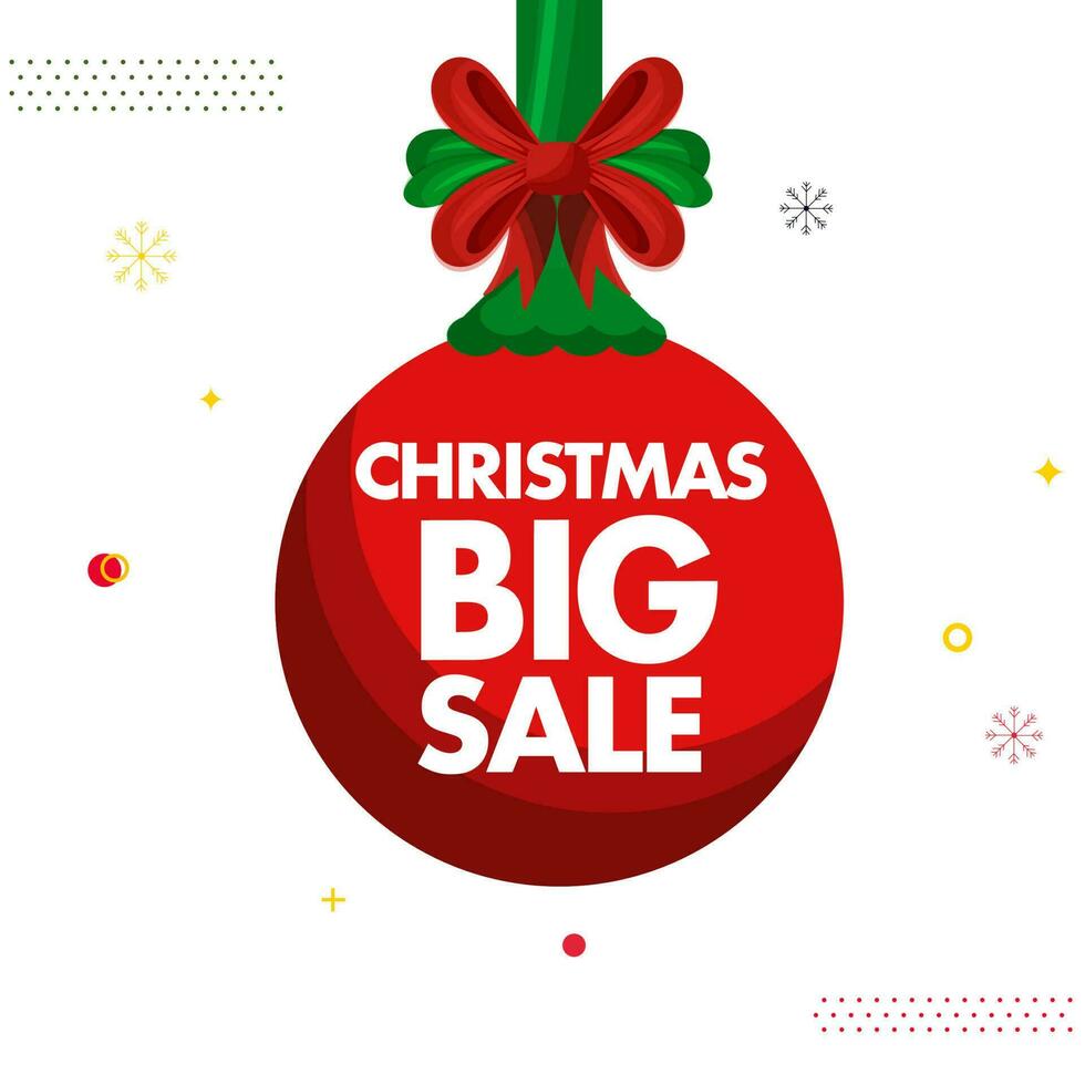jul stor försäljning affisch design med hängande struntsak och röd rosett band på vit bakgrund. vektor