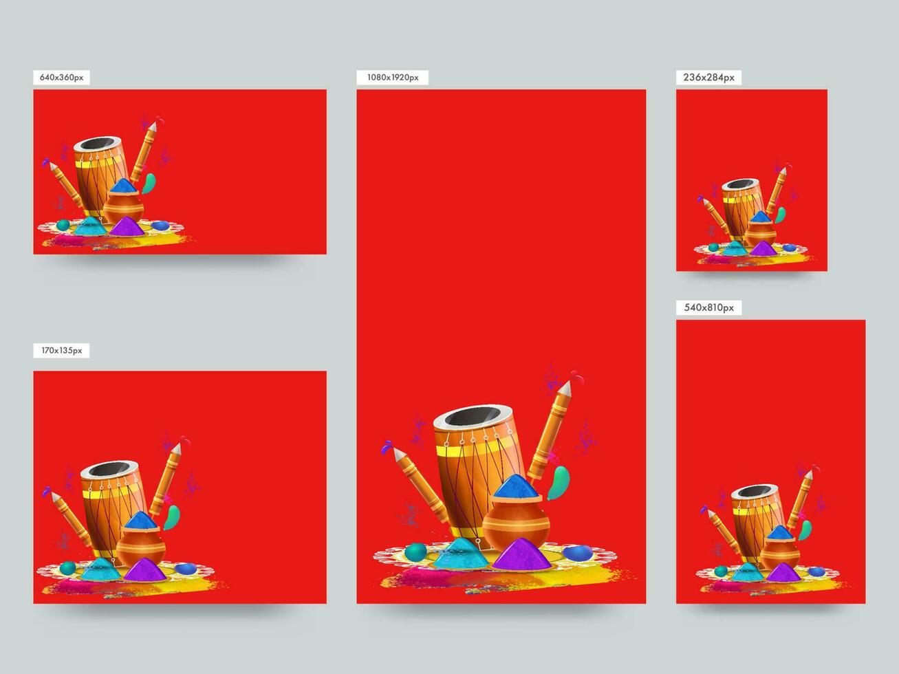 social media mall inlägg layout med holi festival element på röd bakgrund i fem alternativ. vektor