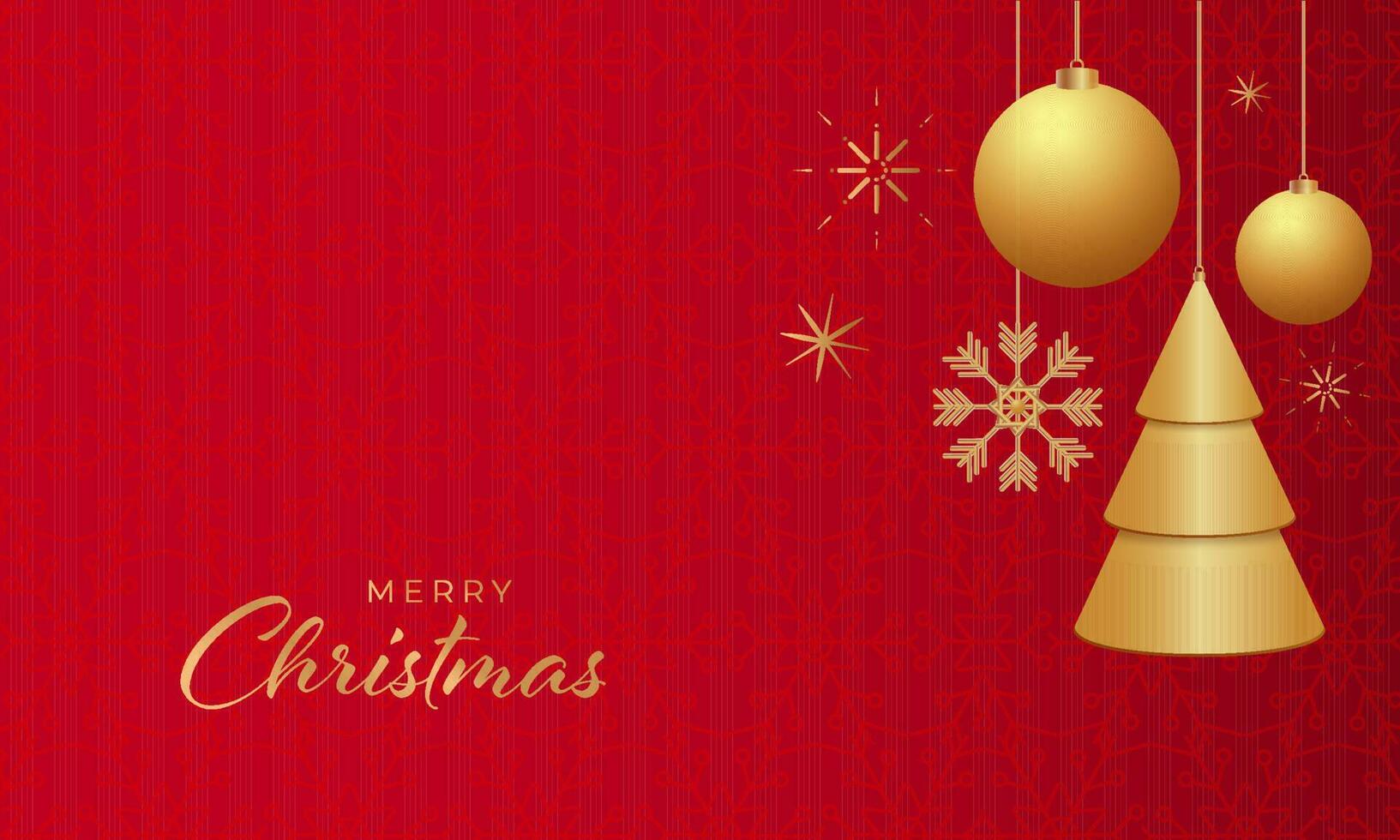 gyllene glad jul font med 3d grannlåt, xmas träd hänga på röd snöflingor mönster bakgrund. vektor