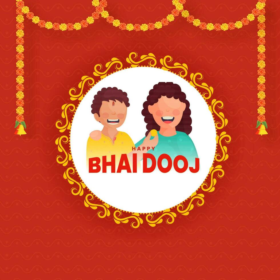 glücklich bhai dooj Feier Konzept mit heiter Junge Fütterung laddu zu seine Schwester auf rot Welle Muster Hintergrund. vektor
