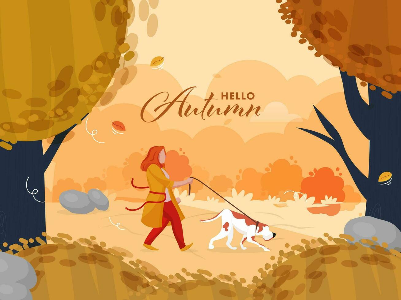 Hallo Herbst saisonal Hintergrund mit jung Frau Gehen ihr Hund Illustration. vektor