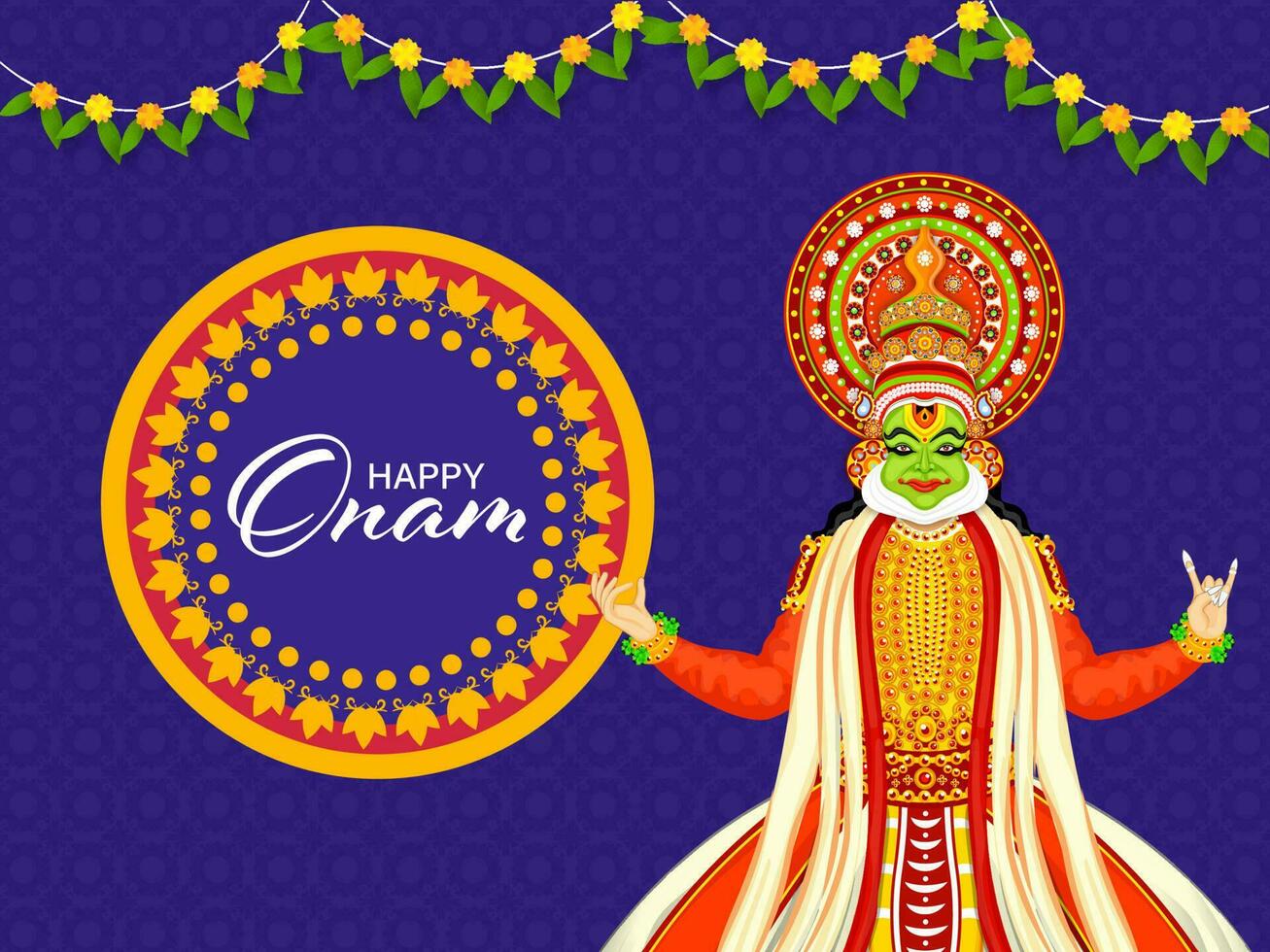 glücklich Onam Festival Konzept mit Kathakali Tänzer Charakter und Tradition Rennen auf Blau Blumen- Muster Hintergrund. vektor