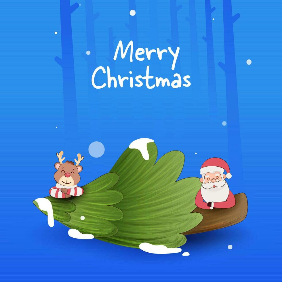 glad jul affisch design med söt santa claus, ren och xmas träd på blå bakgrund. vektor