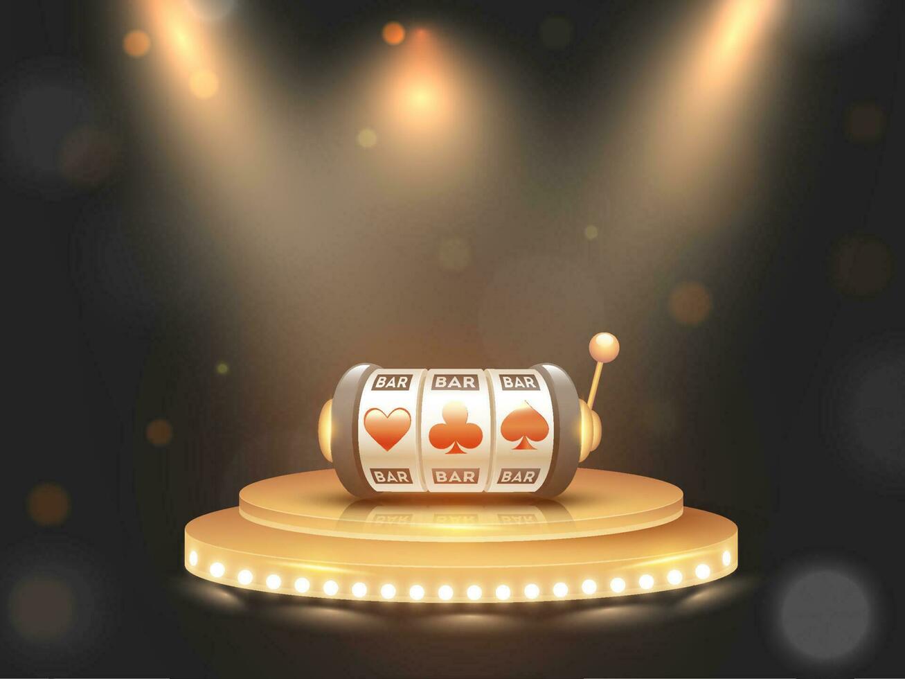 3d Slot Maschine Über golden Festzelt Podium oder Bühne und Licht Fokus auf schwarz Hintergrund. vektor