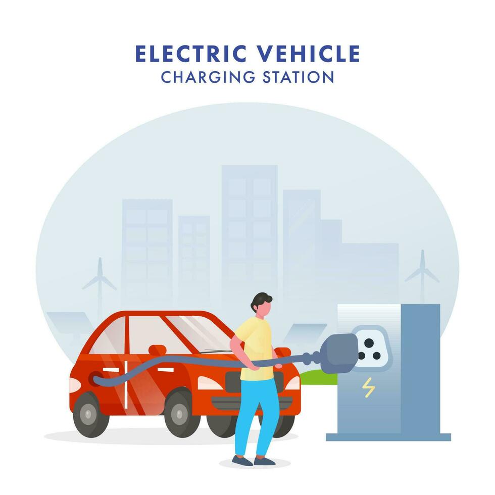 elektromobilitet eller förnybar energi begrepp, illustration av tecknad serie man laddning elektrisk bil på kraft station på silhuett byggnader bakgrund. vektor