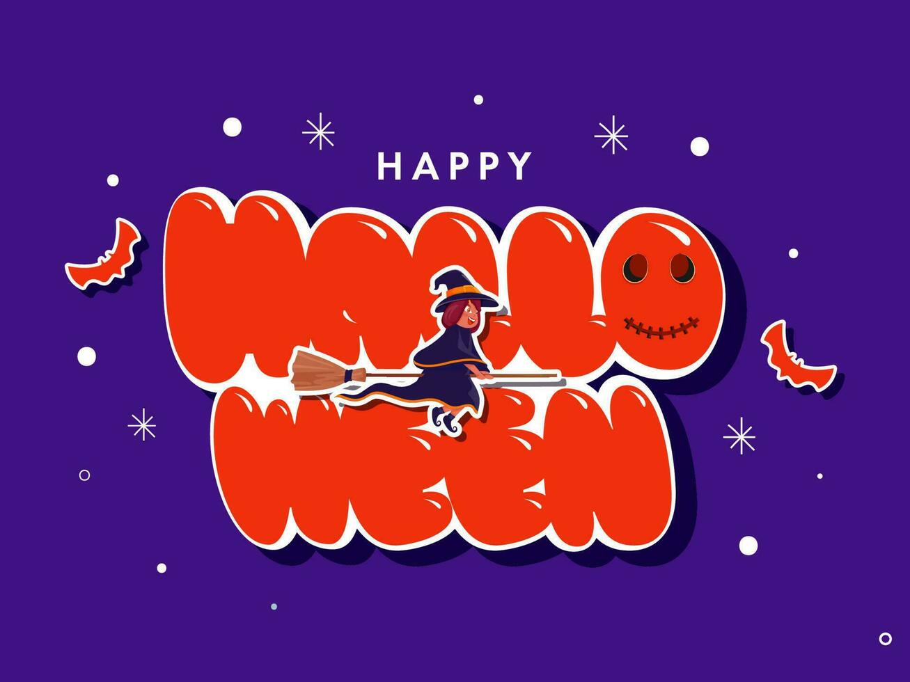 Aufkleber Stil Orange Halloween Schriftart mit fliegend Hexe beim Besen und Fledermäuse auf lila Hintergrund. vektor