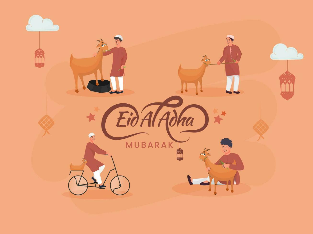 eid-al-adha Mubarak Konzept mit Muslim jung Jungs Charakter und Ziegen Tier auf Orange Hintergrund. vektor