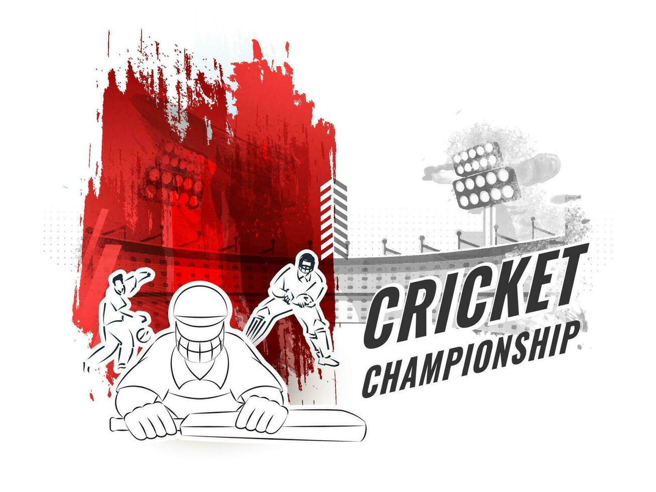 cricket mästerskap begrepp med linjär stil kricketspelare spelare och röd borsta stroke effekt på vit stadion bakgrund. vektor
