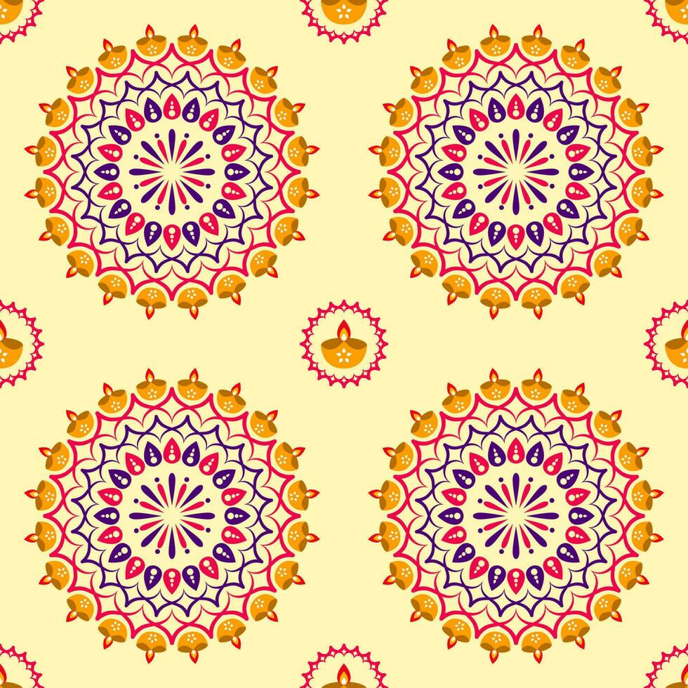 sömlös mandala eller rangoli dekorerad med olja lampor på gul bakgrund. vektor