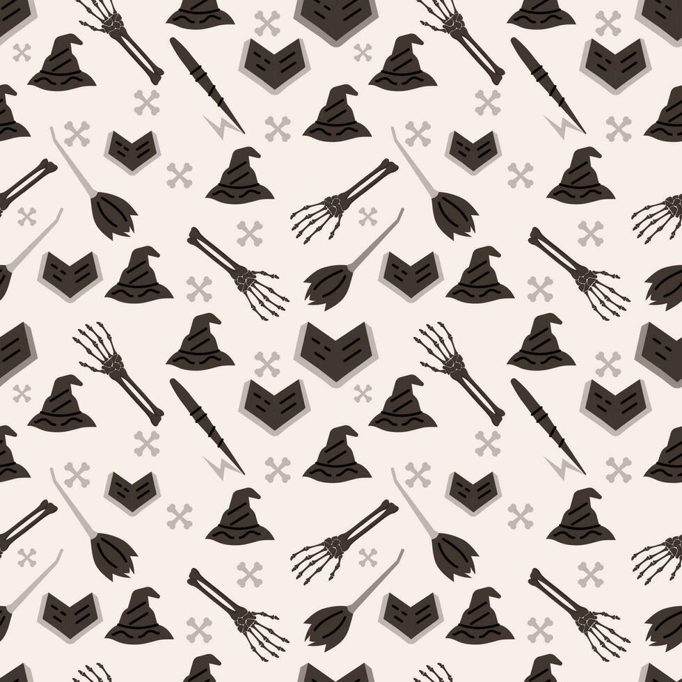 nahtlos Muster Hintergrund dekoriert mit Hexe Hut, Skelett Hände, Besen, öffnen Buch, Kreuzknochen. vektor