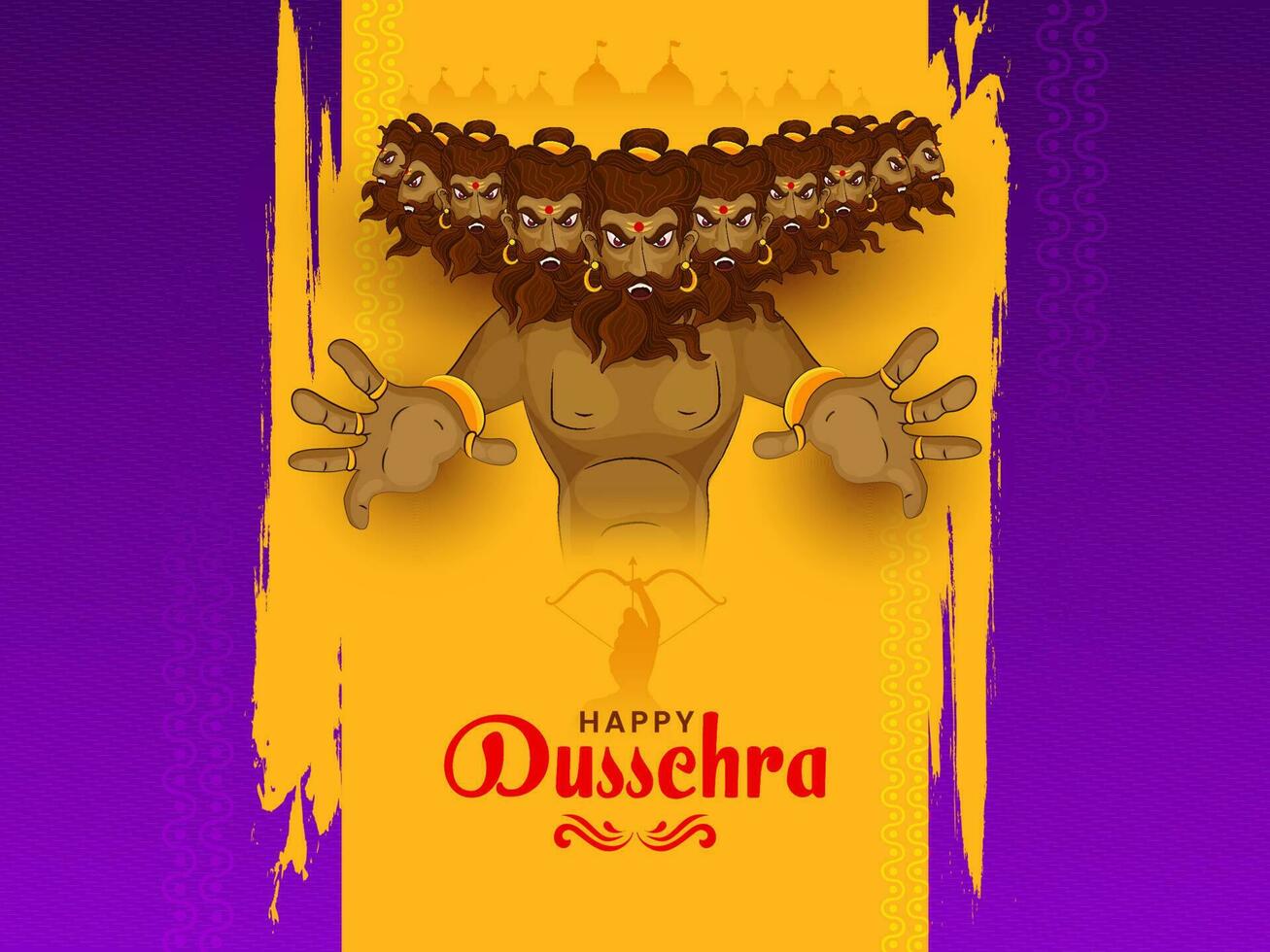 glücklich Dussehra Konzept mit Dämon Ravana Charakter und Silhouette Herr Rama nehmen Ziel auf lila und Gelb Bürste bewirken Hintergrund. vektor