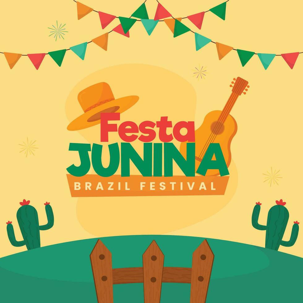 Brasilien Festival festa junina Feier Konzept mit Gitarre Instrument, Hut, Kaktus Pflanzen, Zaun auf Grün und Gelb Hintergrund. vektor