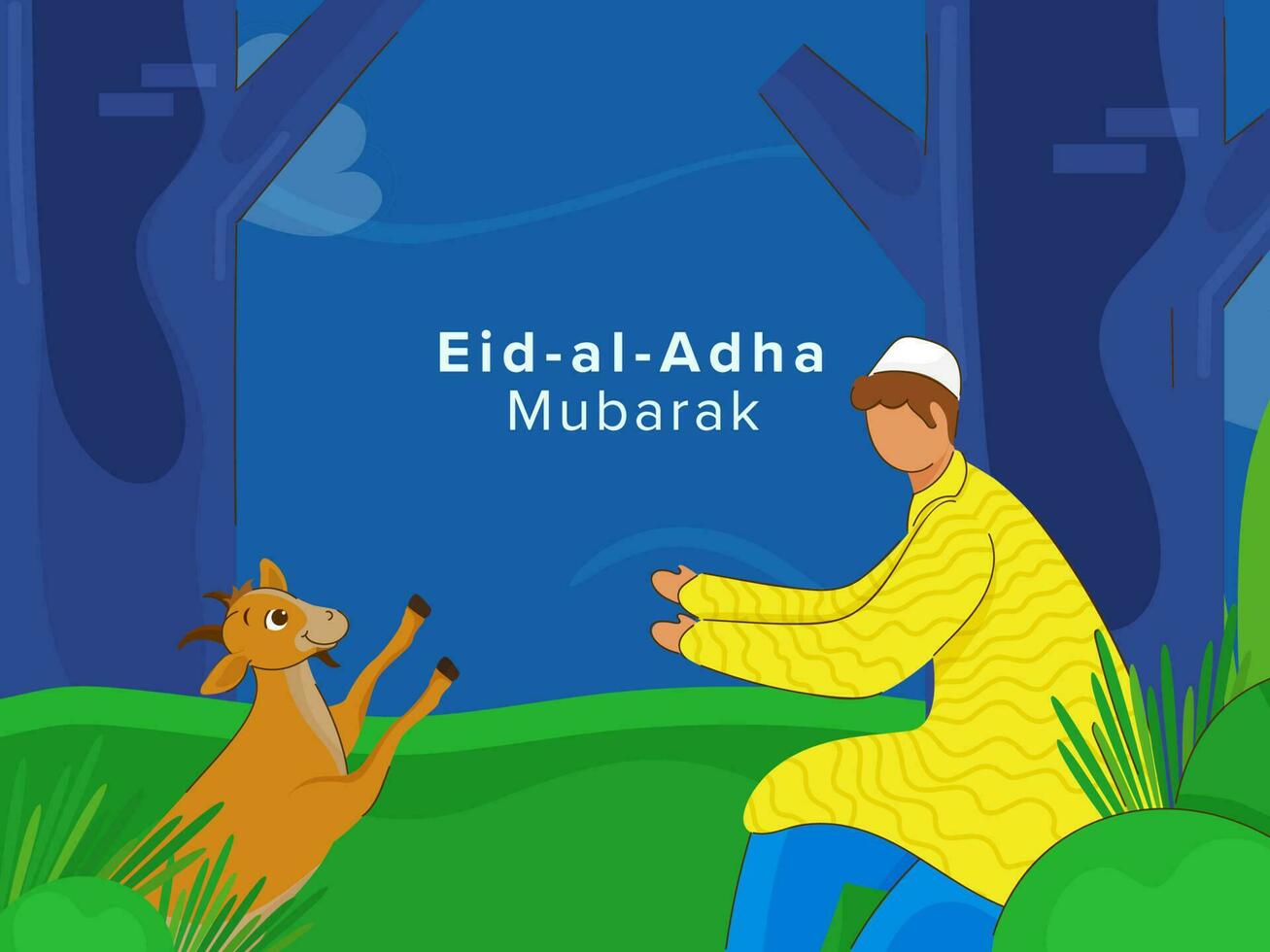 eid-al-adha mubarak affisch design, ansiktslös islamic ung pojke spelar med get på blå och grön natur bakgrund. vektor