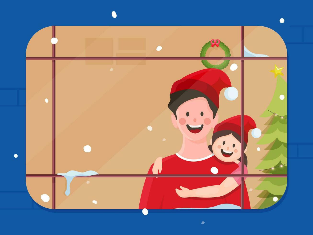 heiter Mädchen umarmen zu ihr Vater mit tragen Santa Deckel, Weihnachten Baum auf Blau und braun Hintergrund zum fröhlich Weihnachten Konzept. vektor