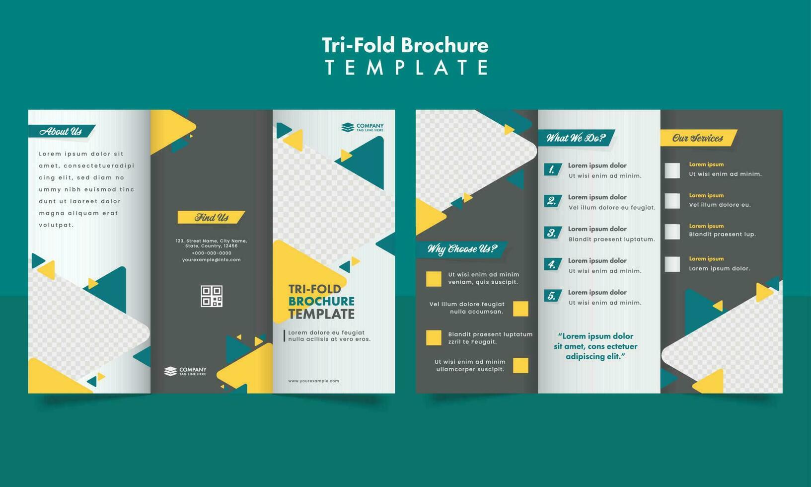 tri-faldig företag broschyr mall layout med geometrisk triangel element i främre och tillbaka sida. vektor