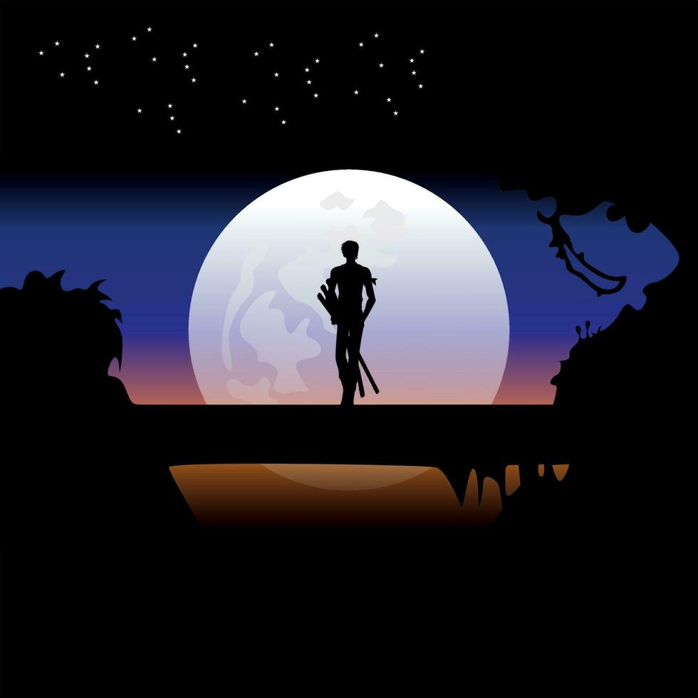 illustration vektor grafisk av samuraj Träning på natt på en full måne. perfekt för tapet, affisch, etc. illustration vektor stil, färgrik se bakgrund, ett bit, roronoa zoro