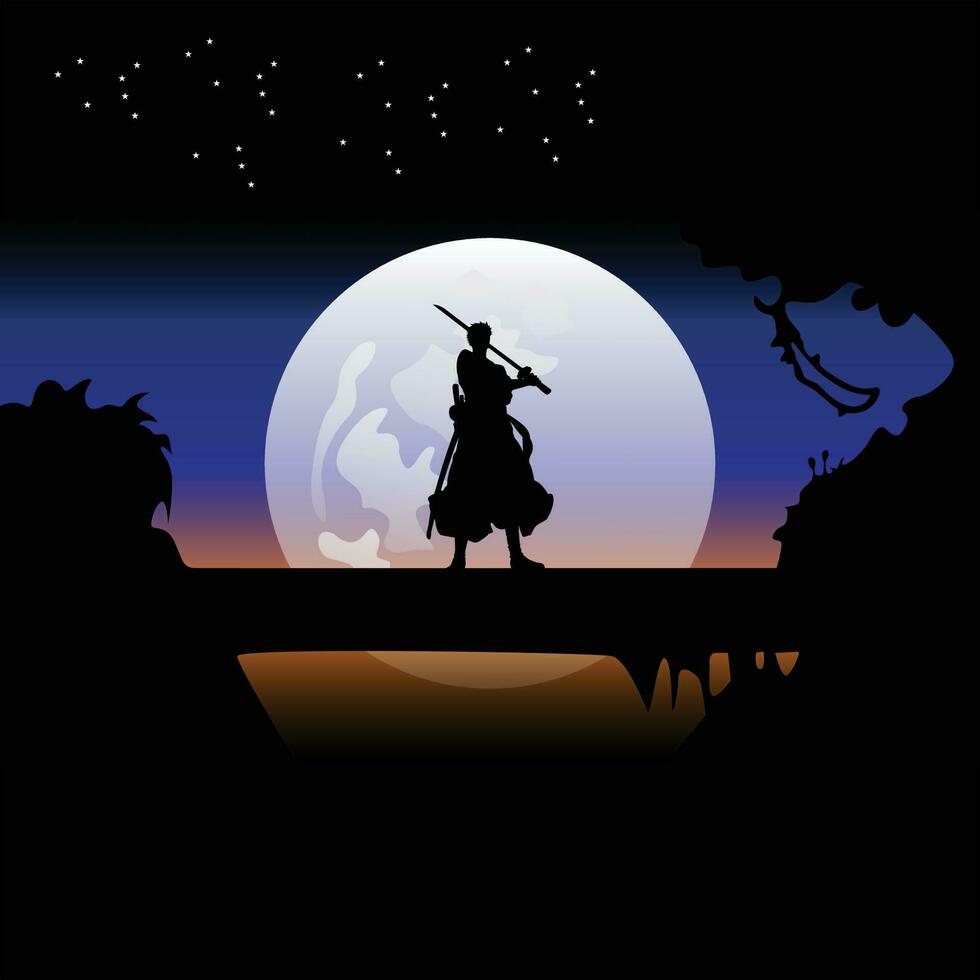 illustration vektor grafisk av samuraj Träning på natt på en full måne. perfekt för tapet, affisch, etc. landskap tapet, illustration vektor stil, färgrik se bakgrund, ett bit