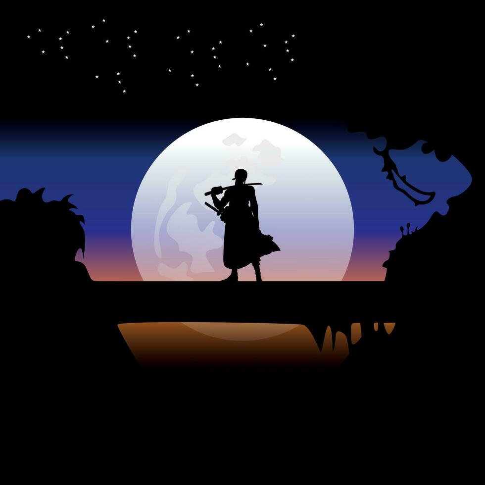 Illustration Vektor Grafik von Samurai Ausbildung beim Nacht auf ein voll Mond. perfekt zum Hintergrund, Poster, usw. Landschaft Hintergrund, Illustration Vektor Stil, bunt Aussicht Hintergrund, einer Stück