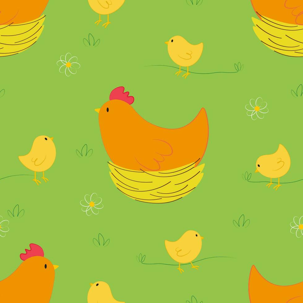 vektor sömlös mönster med kyckling tecken i bon och kycklingar i grön gräs i tecknad serie stil. vektor bakgrund med kycklingar i bon för påsk design