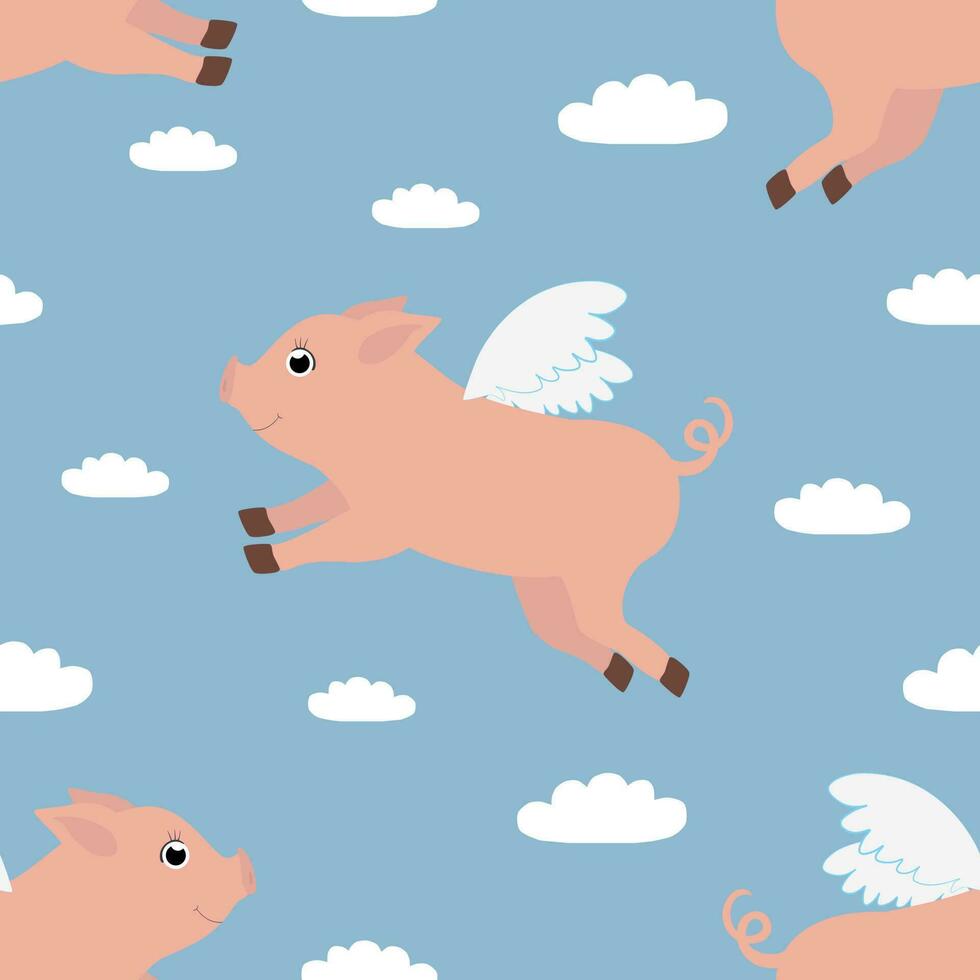 vektor sömlös mönster med flygande grisar tecken med vingar i tecknad serie stil. vektor bakgrund med flygande piggies under de moln