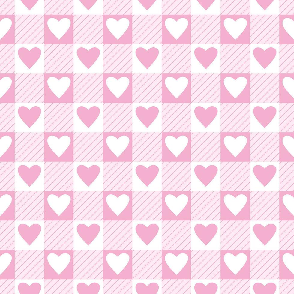 vektor sömlös mönster med gingham kolla upp och hjärtan i rosa och vit färger för valentines dag