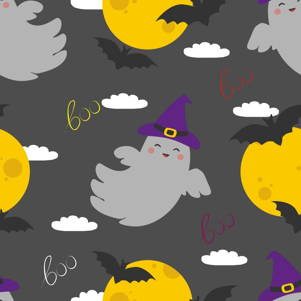 vektor sömlös halloween mönster med spöken tecken, fladdermöss och måne i tecknad serie stil