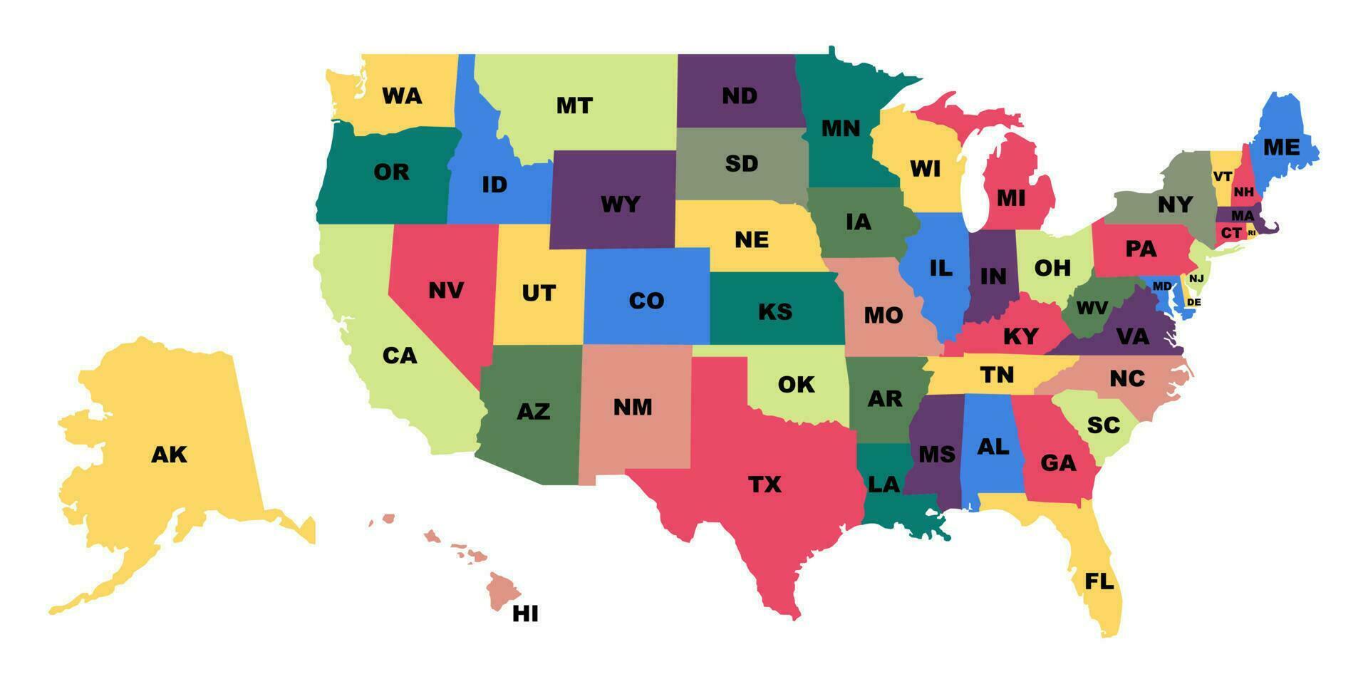 uns Zustände Illustration. USA Karte mit Zustände. fünfzig Zustände von Amerika. uns Karte im Farbe. vektor