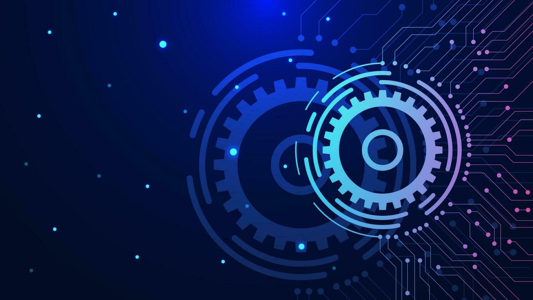 digital teknologi och teknik begrepp med kugghjul och elektronisk krets styrelse och lysande partikel på mörk blå bakgrund. vektor illustration.
