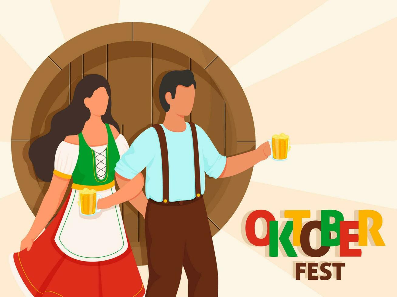 färgrik oktoberfest text med ansiktslös Tyskland par innehav öl muggar på persika bakgrund. vektor