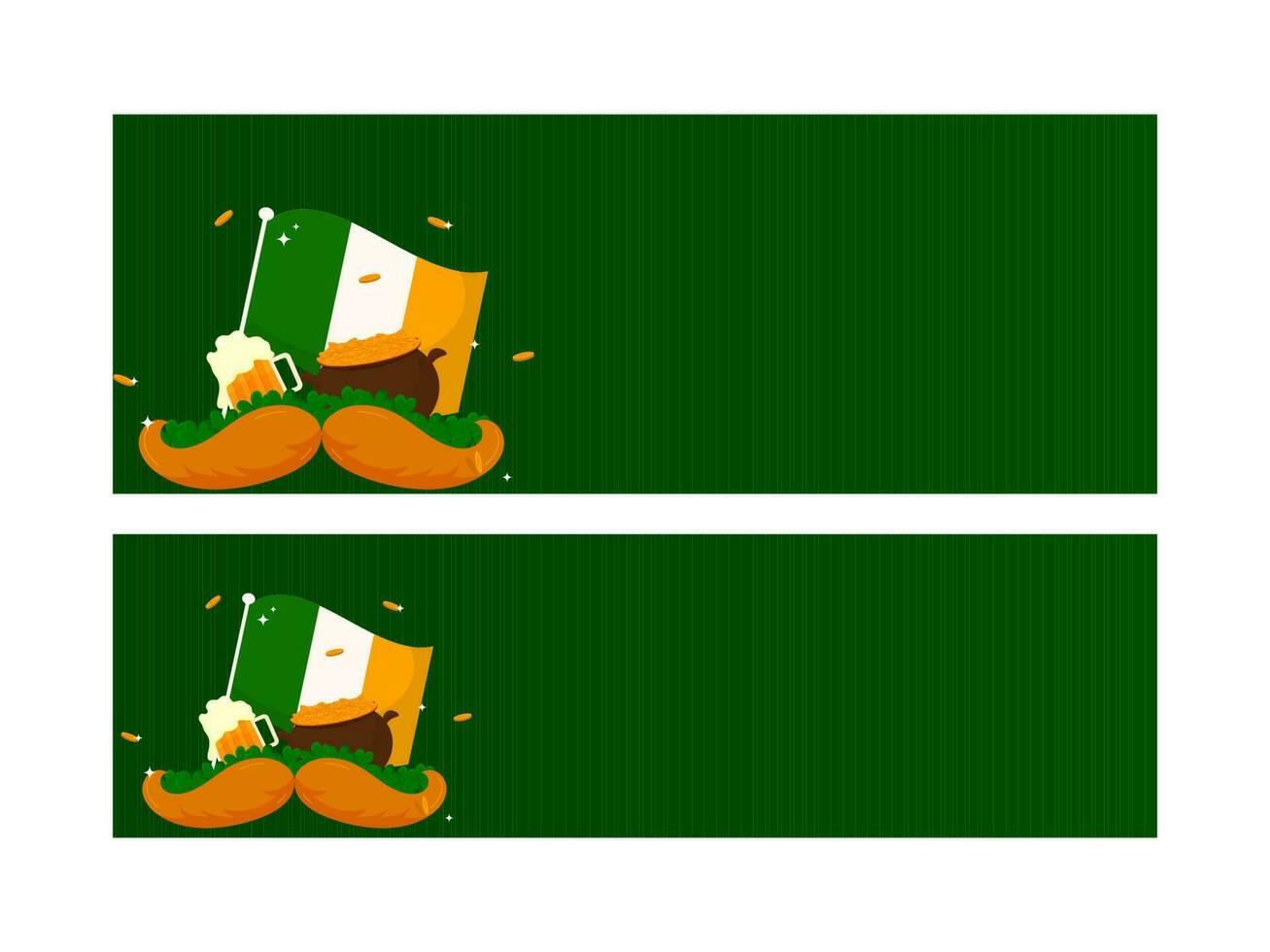 grön rubrik eller baner design med irländsk flagga, öl mugg, vitklöver löv, mustasch och skatt pott i två alternativ. vektor