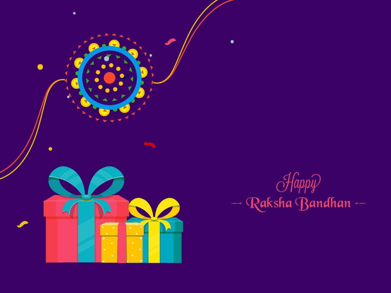 Lycklig Raksha bandhan begrepp med gåva lådor och blommig rakhi på lila bakgrund. vektor