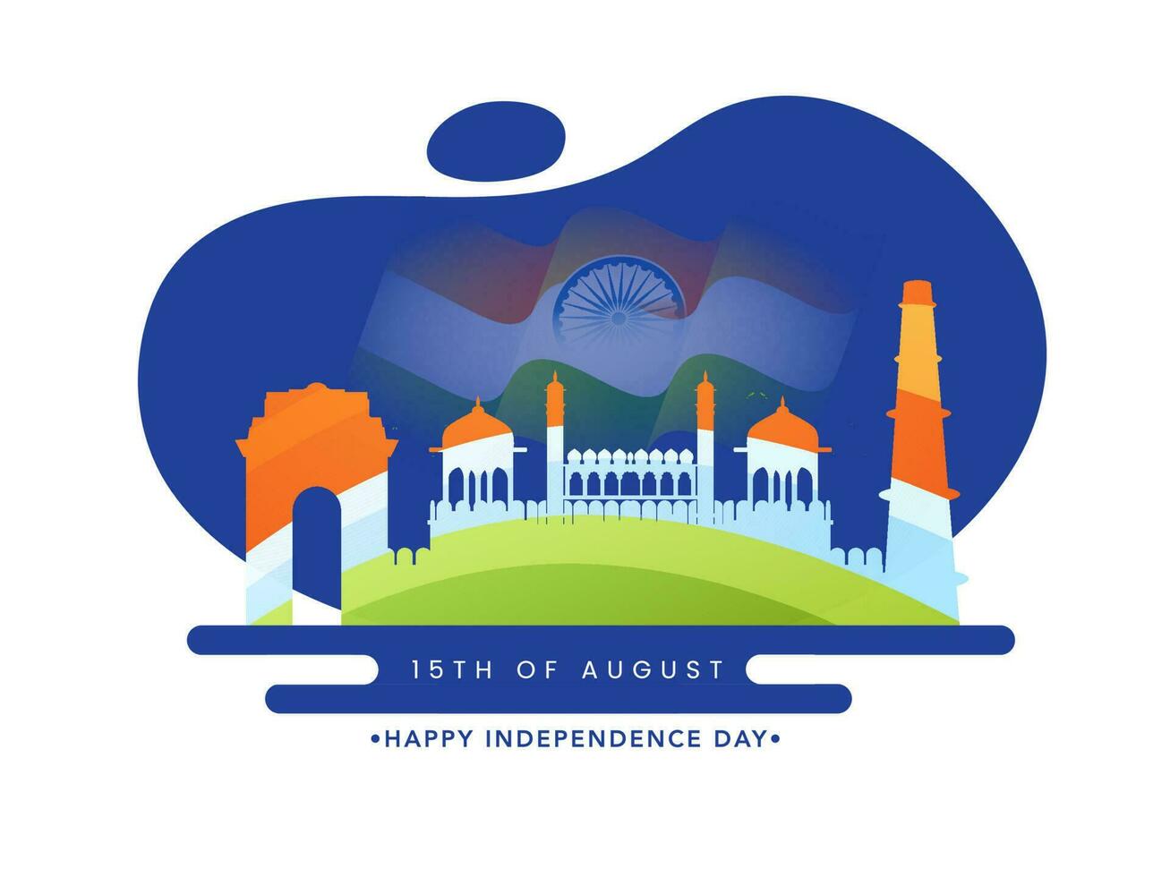 15 .. August Unabhängigkeit Tag Konzept mit berühmt Monument, Indien Flagge auf Blau und Weiß Hintergrund. vektor