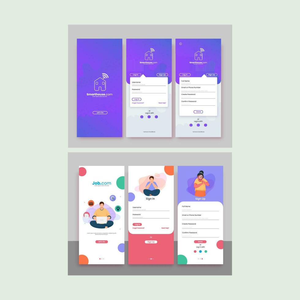 einstellen von ui, ux, gui Bildschirme Job Rekrutierung und Clever Haus oder echt Nachlass App im zwei Möglichkeit. vektor
