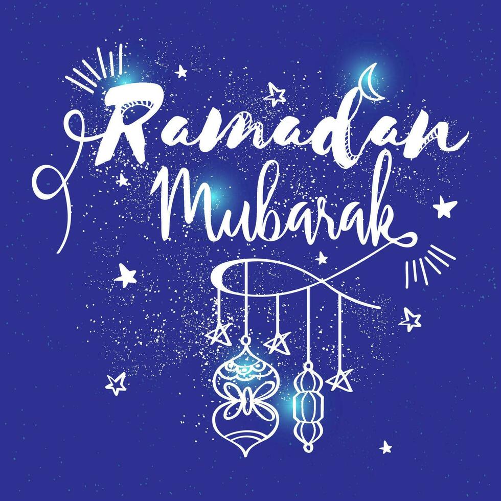 Weiß Ramadan Mubarak Text mit Halbmond Mond, Sterne, Laternen hängen und Weiß Partikel bewirken auf Blau Hintergrund. vektor