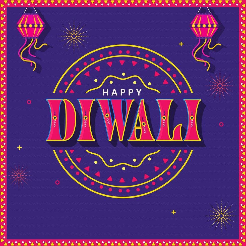 glücklich Diwali Text mit hängend Laternen auf lila Feuerwerk Hintergrund. vektor
