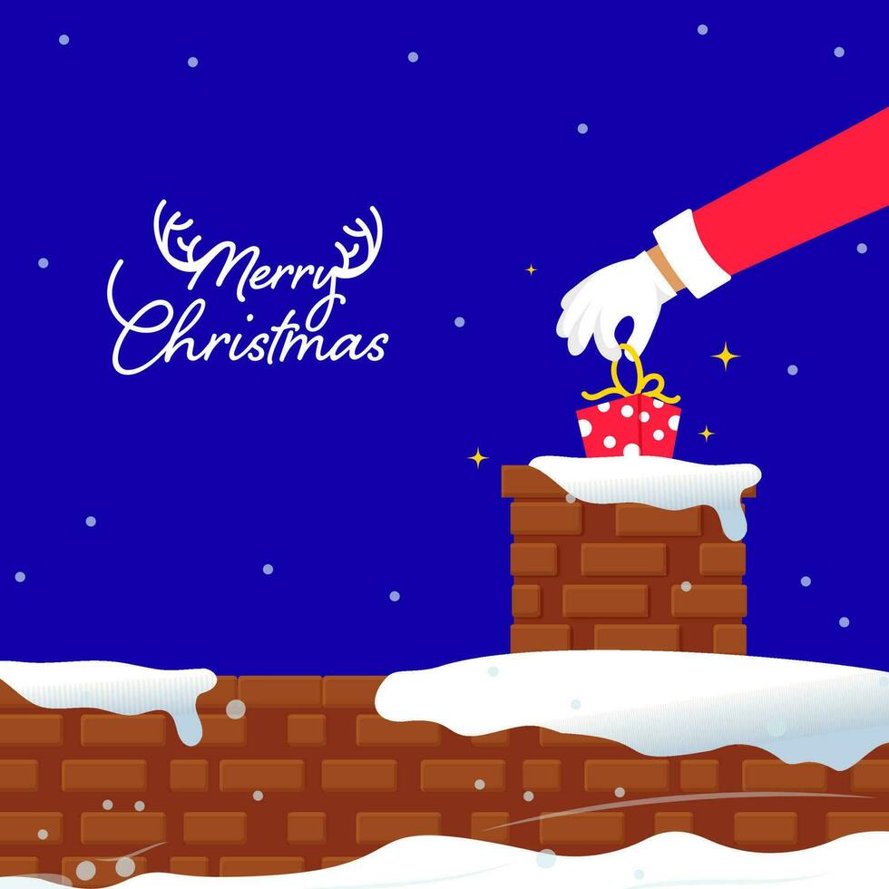 glad jul font med santa hand sätta en gåva låda in i skorsten på blå snöfall bakgrund. vektor