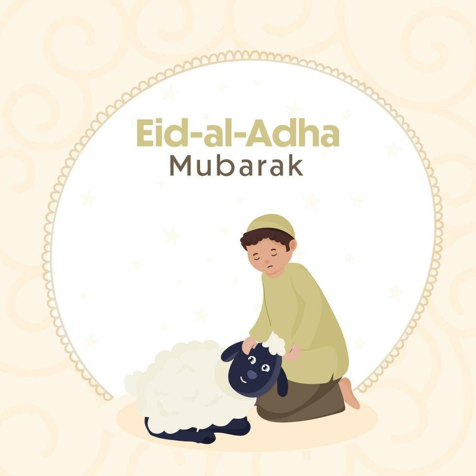eid-al-adha mubarak hälsning kort med islamic ung pojke innehav får på vit och kosmisk latte bakgrund. vektor