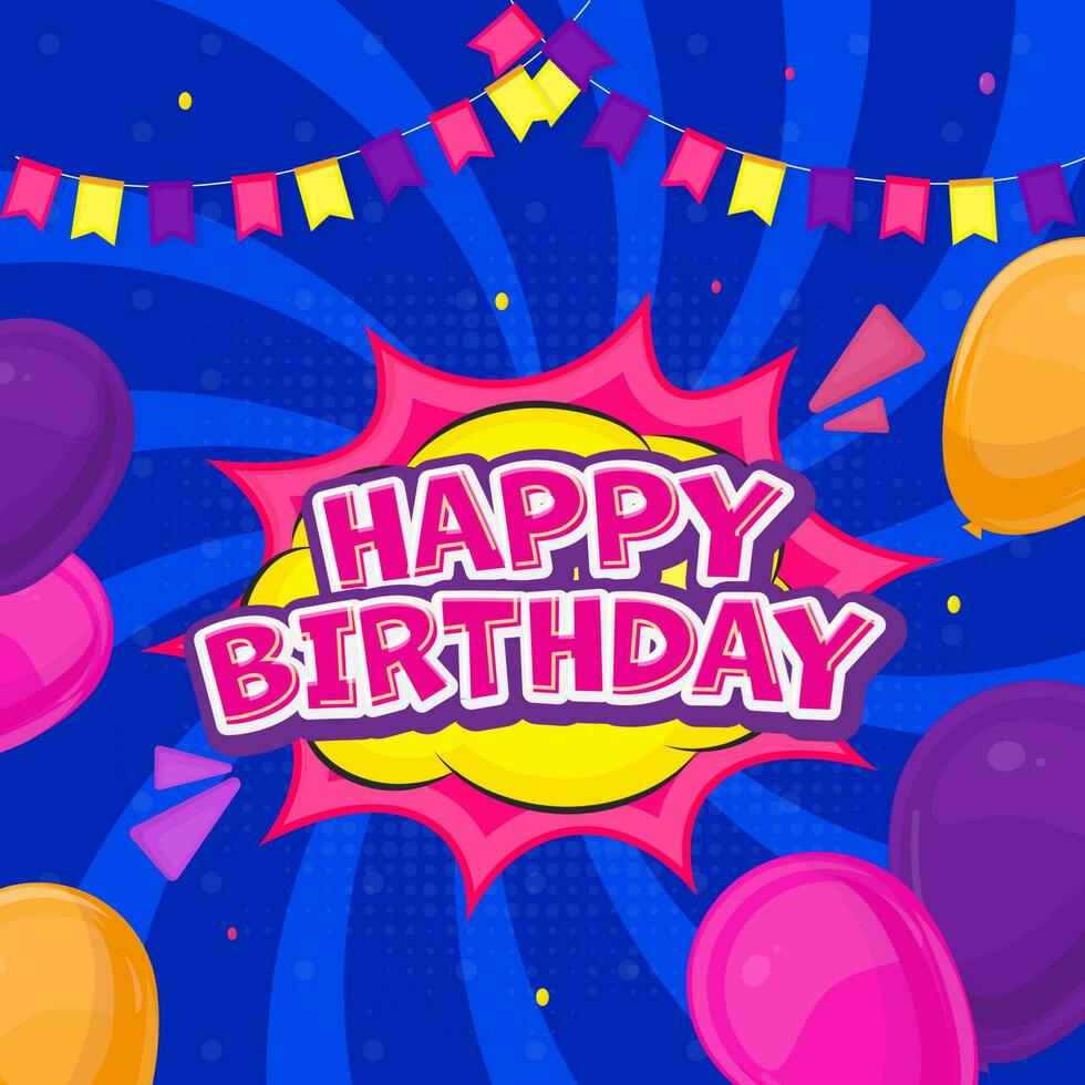 klistermärke stil Lycklig födelsedag font på pop- konst stil bakgrund med ballonger. vektor